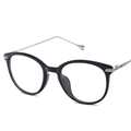 Classic black round cat-eye glasses frame with sleek silver metal temples on white background - Bright Black Silver Leg