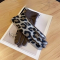 Detail of leopard print suede winter gloves with touch screen floral embroidery on finger - Light Leopard - Chocolate Palm
