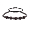 Detailansicht des dunkelgrauen Perlenarmbands mit lila Zirkonia und schwarzer Kordel - Gun Black Rosenrot Zirkon Perle