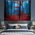 Arazzo con foresta nebbiosa blu e foglie rosse per decorazione murale della camera - 150x130cm / 1-Foresta di Foglie Rosse con Nebbia Blu