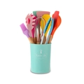 Set di 11 utensili da cucina colorati in silicone con manici in legno e secchiello portaoggetti - Stile con secchiello grande / Colorato