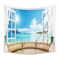 Bohemian tapestry featuring 3D tropical ocean view through a white window balcony - 73X95CM / Italian Faux Window Sea View (GT104540)/Brushed Fabric