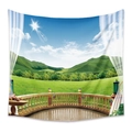 Bohemian landscape tapestry with 3D terrace garden and rolling green hills view - 73X95CM / European Terrace Balcony (GT110114)/Brushed Fabric