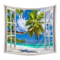 3D ocean view tapestry featuring a white window frame and tropical palm beach scenery - 73X95CM / European Window Sea View (GT200118)/Brushed Fabric