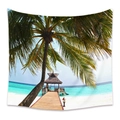 Bohemian tapestry featuring a tropical beach palm tree and ocean wooden pier - 73X95CM / Trestle Island View (GT330130)/Brushed Fabric
