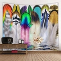 Artistic wall tapestry featuring colorful feathers and swan reflection in room setting - Compact / Feather and Swan