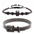 Detail of crown purple zircon bead bracelet and black buckle stainless steel cuff set - Gun Black Rose Red Zirconia Crown Set