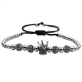 Detail of adjustable woven bracelet with blue zircon crown and silver metal beads - Platinum Blue Zirconia Crown Bracelet