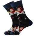 Navy blue mid-calf Christmas socks featuring Santa Claus, unicorns, and snowflakes - Santa Riding Horse