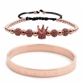 Rose gold Roman numeral bangle and crown bead charm adjustable bracelet set - Rose Gold Rose Red Zirconia Crown Set