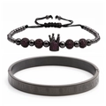 Detail of Roman numeral stainless steel bangle and black crown bead bracelet set - Gun Black Rose Red Zirconia Crown Set