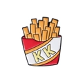 Enamel french fries pin badge featuring a red and white box with KK logo decoration - KK French Fries