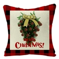Linen Christmas pillowcase with red plaid border and festive wreath MERRY CHRISTMAS design - Christmas Wreath Text (YMD34-9)