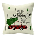 Linen Christmas pillow cover with red plaid car, tree, and festive holiday typography - Red Truck and Forest (YMD34-14)