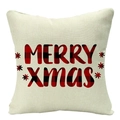 Detail of linen Christmas pillowcase featuring red buffalo plaid Merry Xmas lettering - Plaid Blessing Text (YMD34-22)