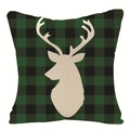 Green buffalo plaid Christmas pillow cover with a beige deer head silhouette print - Green Black Plaid Reindeer Head (YMD34-37)