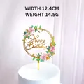 Floral acrylic cake topper with golden Happy Birthday text and pink roses, 12.4cm width - Round Happy Birthday Topper