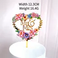 Acrylic Mr & Mrs cake topper with colorful floral prints, width 12.3cm and weight 16.4g - Gold Heart Floral Mr & Mrs
