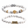 Mens beaded lion head bracelets with white marble stone and gold accents on white background - Gold Set