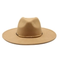 Camel wide brim wool fedora hat with elegant black band and golden metal buckle accessory - M (56-59cm) / Camel