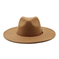 Classic wide brim wool fedora hat in camel with leather band and metal buckle for winter - M(59cm) / Khaki