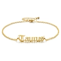 Close-up of golden stainless steel Taurus pendant anklet with gothic font and lobster clasp - Gold Taurus