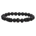 Lava rock bead bracelet with matte black lion head and textured metal spacers for men - Gunmetal