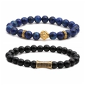 Men's retro beaded bracelet set with blue stone, black beads, and golden lion head charms - Blue Black Gold Lion Head Set