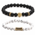 Matte black and white marble bead bracelet set with golden lion head and charm - Gold Set A