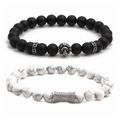 Matte black lion head bead bracelet set with white turquoise stone for men and women - Silver Set A