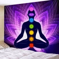 Meditation wall tapestry featuring purple lotus flowers and seven chakra symbols on black silhouette - Seven Chakras Lotus (5)