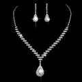 Elegant bridal silver rhinestone jewelry set with V-shaped necklace and teardrop earrings - 684 Necklace + Stud Earrings Set