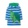 Girl's blue and white striped hoodie dress with green turtle embroidery and green hood lining - 5T/Recommended Height 100-110cm / Top - Blue and White Striped Sea Turtle (7321)