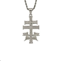 Detailed view of silver Caravaca cross necklace with crystal pavé and two winged angels - Single Pendant (With Chain) / Silver