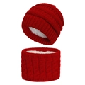 Detail of red cable-knit baby winter hat and neck warmer with thick fleece lining - Red