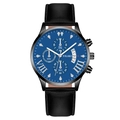Men's quartz chronograph watch with deep blue dial, black case, and black leather strap - Blue Light Black Dial Black Case Brown Strap