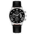 Men's fashion quartz watch with black leather strap and triple sub-dial display - Black Dial Silver Case Black Strap