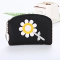Petit porte-monnaie demi-lune en similicuir noir avec motif marguerite et porte-clés - Noir