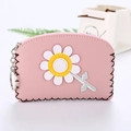 Pink PU leather daisy coin purse with a keychain zipper and a stylish floral pattern - Pink