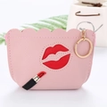 Pink PU leather coin purse with red lip embroidery and gold metal keychain ring - Pink
