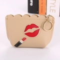 Beige faux leather coin purse with red lips embroidery and golden key ring holder - Khaki
