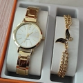 Detail of gold quartz watch and butterfly pendant bracelet in a premium gift box - Gold Watch Butterfly Bracelet Set