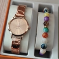 Close-up of rose gold watch and multi-color beaded bracelet set in a white gift box - Rose Gold Watch Colorful Beaded Bracelet Set