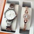 Detail view of silver stainless steel watch and rose gold diamond bracelet set - Silver Watch Round Rhinestone Bracelet Set