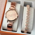 Rose gold quartz watch and diamond heart bracelet set in an orange gift box - Rose Gold Watch Multiple Heart Bracelet Set