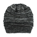 Detailed close-up of dark grey knitted baby winter hat with ribbed cuff and thick texture - Black Grey White Mix