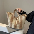 Vertical striped straw tote bag in beige and brown with tassel and woven handles - 42*15*28cm / Khaki