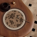 Brown leather-style round placemat with vintage black floral patterns and checkered border - French Vintage Style - Style A [round]