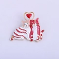 Cute red and white enamel cat pair brooch with heart detail in gold-tone finish - YNCP3330 Red
