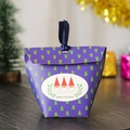 Purple trapezoid Christmas gift box with green trees and a blue ribbon handle - Q557-Blue